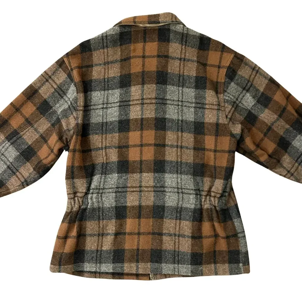 Vintage J.Crew Wool Plaid Zip Jacket Brown Gray Made in USA Mens L Unisex